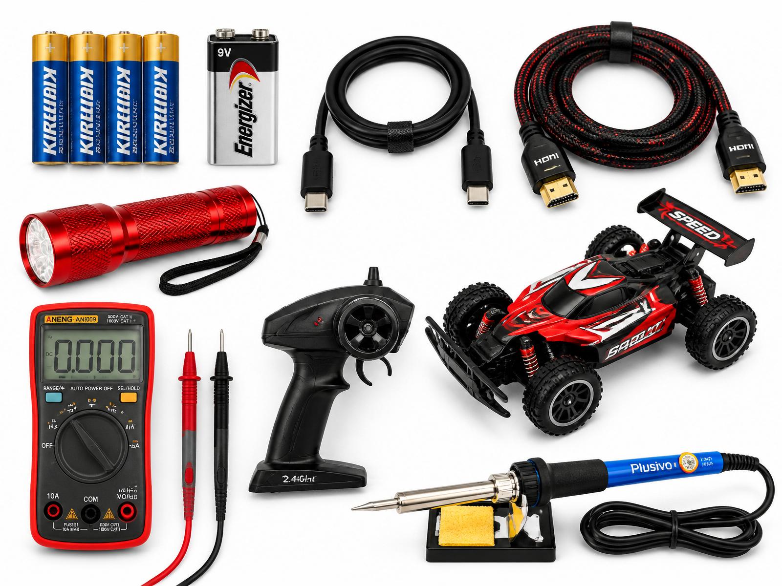 Flat lay of batteries, USB-C and HDMI cables, a red flashlight, multimeter, RC car, and soldering iron.