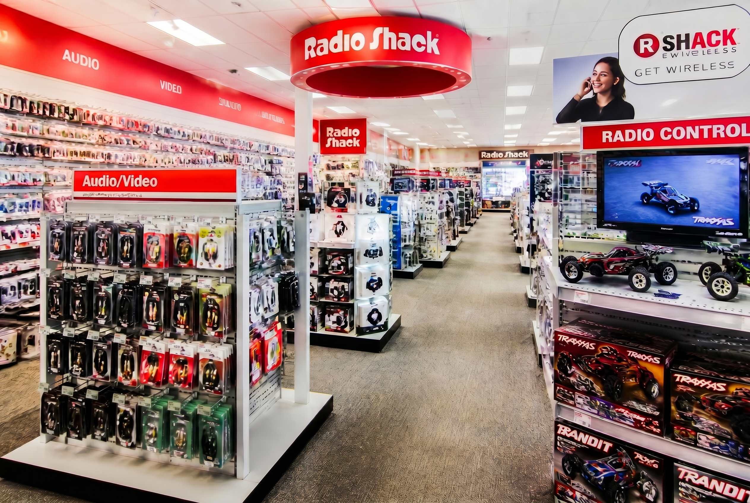 Inside Keevan Electronics — bright aisles packed with batteries, RC cars, and gadgets.
